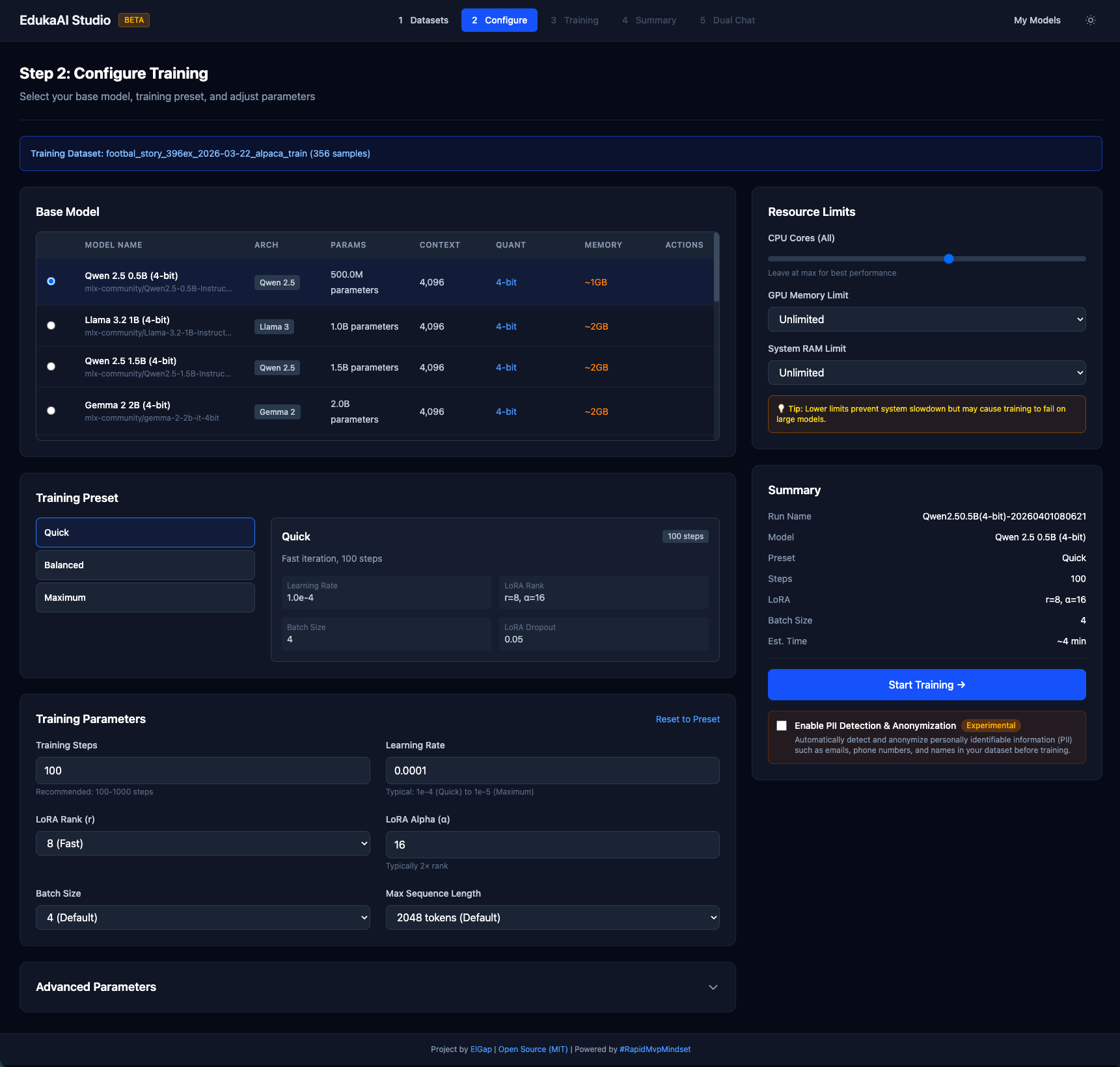 EdukaAI Studio configure training screen showing model selection and preset options