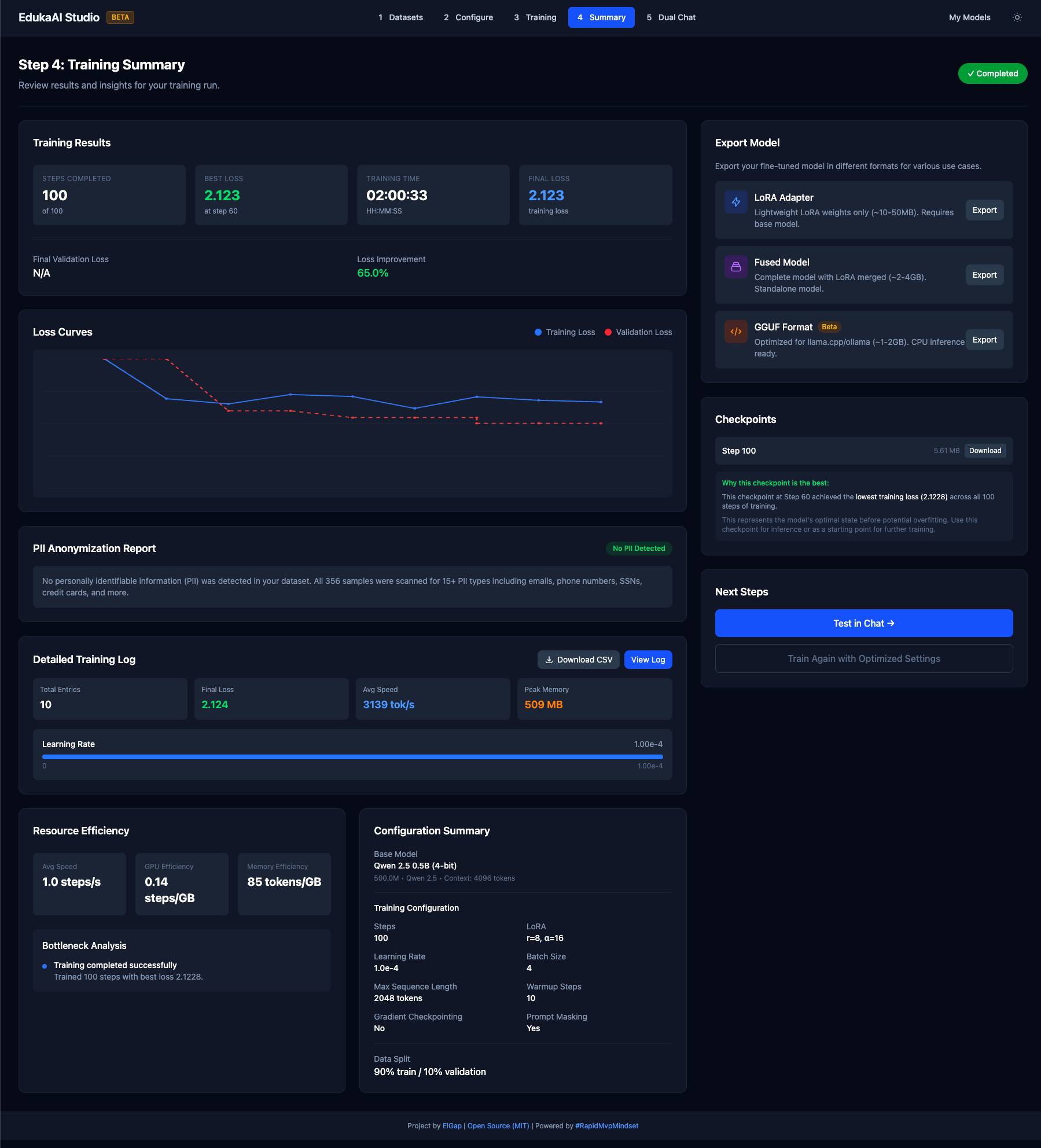EdukaAI Studio training summary screen showing final metrics and export options