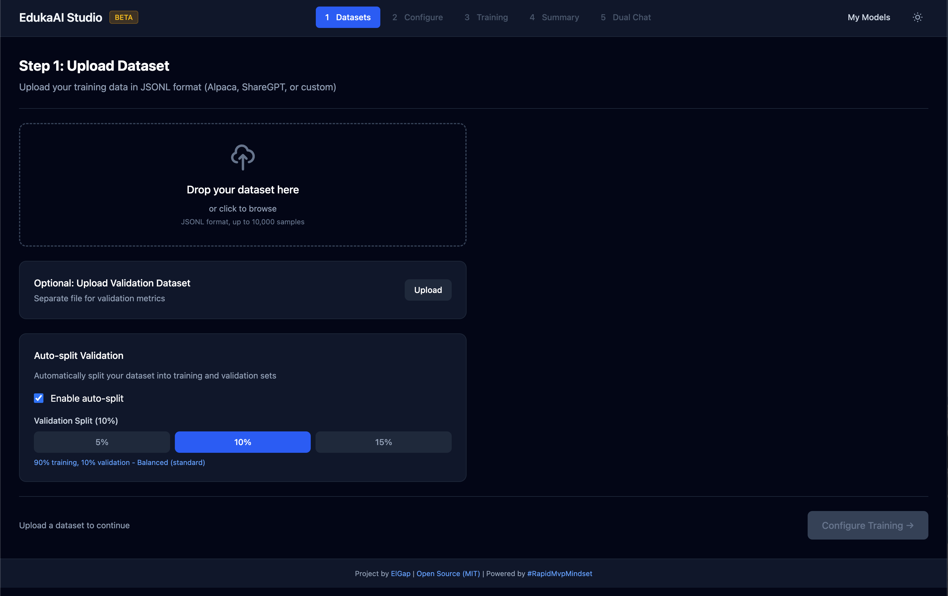 EdukaAI Studio upload dataset screen showing drag and drop interface